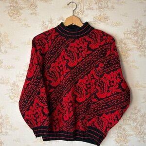 Vintage 80s 90s red and black paisley mock neck chunky knit sweater